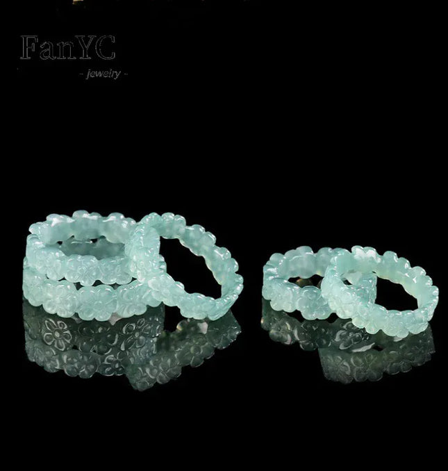 EcoWarra Natural Jadeite Blue Water Three-dimensional Peach Blossom Ring Ice Jade Stone Couple's Fashionable and Charming Jewellery Gift