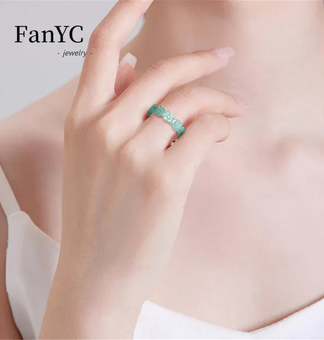 EcoWarra Natural Jadeite Blue Water Three-dimensional Peach Blossom Ring Ice Jade Stone Couple's Fashionable and Charming Jewellery Gift