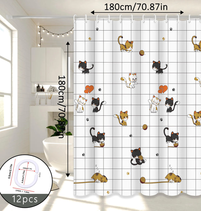 EcoWarra Naughty Cat Illustration Shower Curtain Home Aesthetic Bathroom Partition Curtain Internet Celebrity Style Bathroom Decor Essential