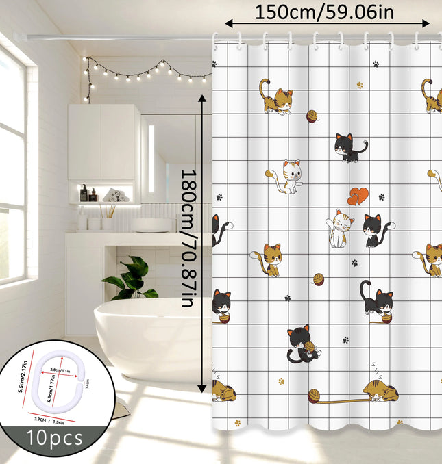 EcoWarra Naughty Cat Illustration Shower Curtain Home Aesthetic Bathroom Partition Curtain Internet Celebrity Style Bathroom Decor Essential