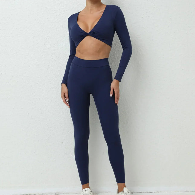 EcoWarra Navy / M Seamless Yoga Sets Sports Fitness High Waist Hip-lifting Trousers Nude Feel Long-Sleeved Suit Workout Gym Leggings Set for Women