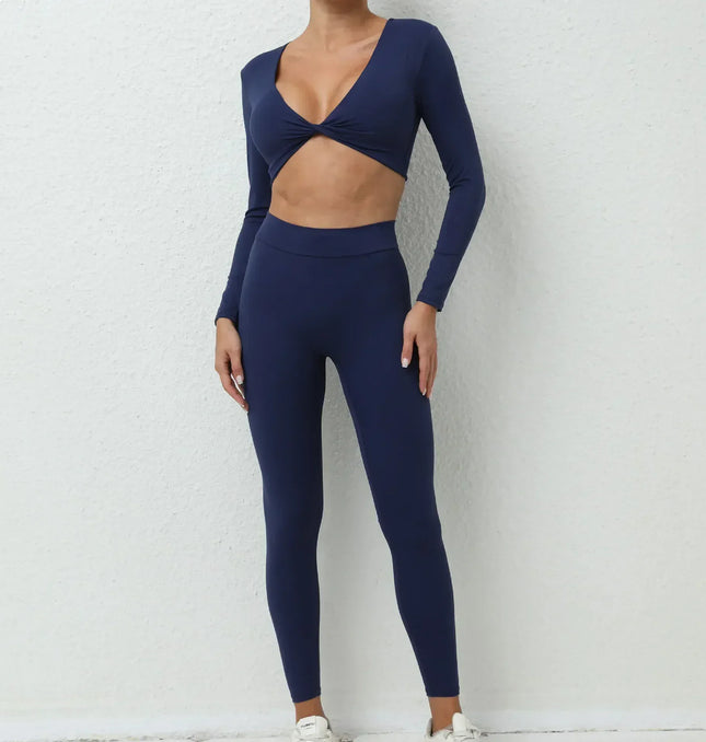 EcoWarra Navy / S Seamless Yoga Sets Sports Fitness High Waist Hip-lifting Trousers Nude Feel Long-Sleeved Suit Workout Gym Leggings Set for Women
