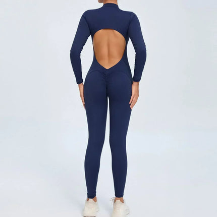 EcoWarra Navy2 / L Seamless Yoga Zipper Jumpsuits Sports Fitness Beauty Back Hip-Lifting Long-Sleeved One-Piece Workout Gym Bodysuits for Women