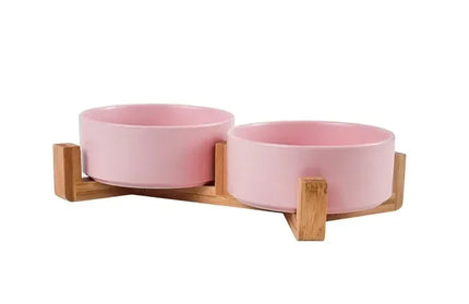 EcoWarra Pink / 11cm Ceramic Pet Bowl Dish With Wood Stand No Spill Pet Ceramic Double Bowl For Dog Cat Food Water Feeder Cats Small Dogs Pet bowl