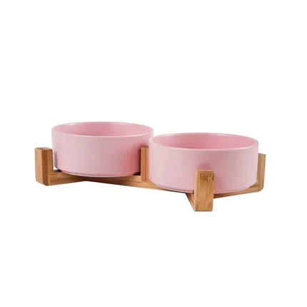 EcoWarra Pink / 11cm Ceramic Pet Bowl Dish With Wood Stand No Spill Pet Ceramic Double Bowl For Dog Cat Food Water Feeder Cats Small Dogs Pet bowl