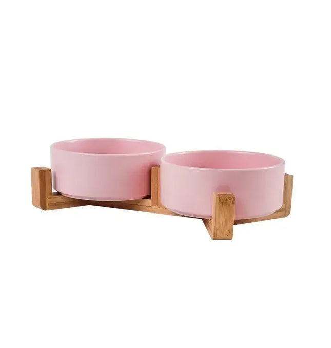 EcoWarra Pink / 11cm Ceramic Pet Bowl Dish With Wood Stand No Spill Pet Ceramic Double Bowl For Dog Cat Food Water Feeder Cats Small Dogs Pet bowl