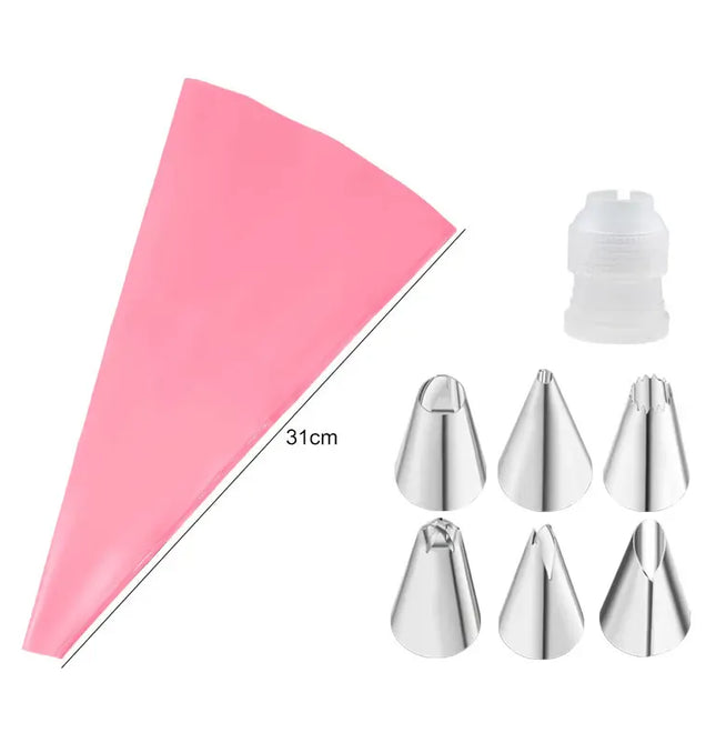 EcoWarra Pink 8pcs Multifunctional Cake Decorating Tools Silicone Pastry Bag Stainless Steel Cake Mouth Reusable Silicone Bag Tools Pastry Nozzle
