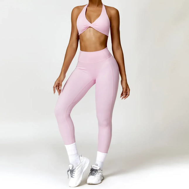 EcoWarra pink set / L(12) 2PCS Yoga Set Nude Feeling Workout Sets Women Tracksuit Gym Push Up Fitness Running Workout Sportwear Sport Bra Leggings Suit
