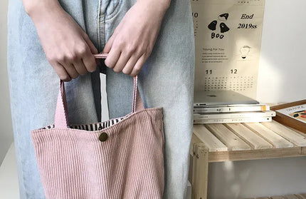 EcoWarra Pink Small Corduroy Lunch Bag For Women 2024 Eco Canvas Portable Tote Bags Mini Female Students Bento Picnic Food Bag Travel Handbags