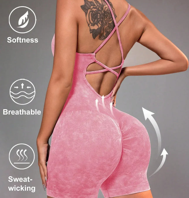 EcoWarra Pink tie dye / M 15 Color One Piece Jumpsuit Shorts Elasticity Bodysuit Yoga Sports Workout Gym Set Women Clothes Sportswear Fitness Overalls