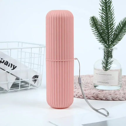 EcoWarra Pink Travel Toothbrush Cup Box Round Plastic Portable Toothpaste Holder Home Organizer Storage Case Stand Bathroom Accessories