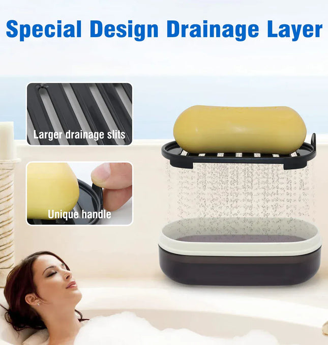 EcoWarra Portable Bathroom Soap Holder Container Box for Shower Black Covered Travel Soap Dish Double Layered Bamboo Storage