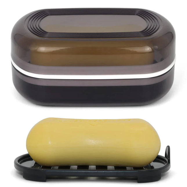 EcoWarra Portable Bathroom Soap Holder Container Box for Shower Black Covered Travel Soap Dish Double Layered Bamboo Storage