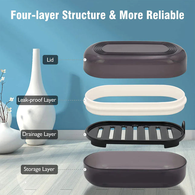 EcoWarra Portable Bathroom Soap Holder Container Box for Shower Black Covered Travel Soap Dish Double Layered Bamboo Storage