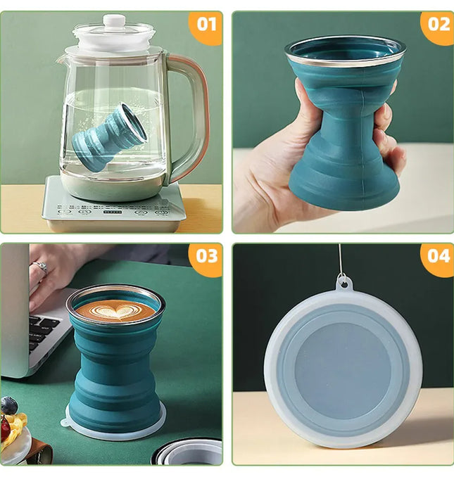 EcoWarra Portable Silicone Foldable Cup With Lanyard Heat Resistant Collapsible Cups Lid Folding Storage Travel Mug For Hot Water