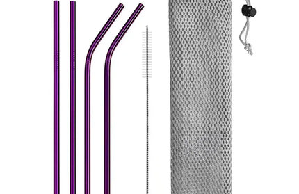 EcoWarra purple bag UPORS Reusable Drinking Straw 304 Stainless Steel Straws Straight Bent Metal Straw with Cleaner Brush Pouch Wholesale