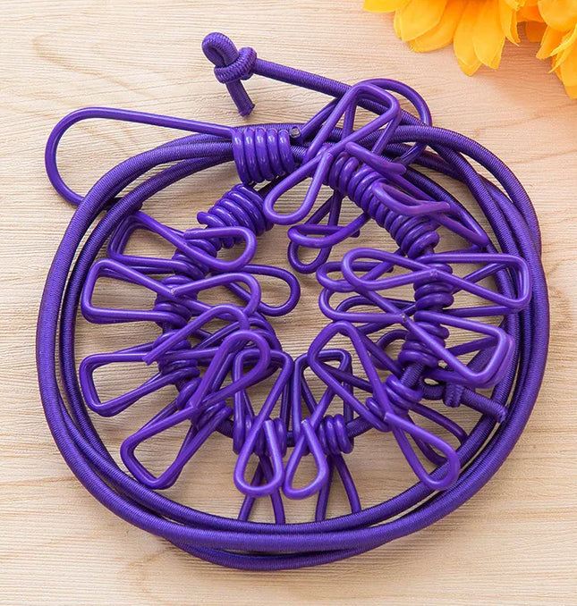 EcoWarra purple Durable Clothesline Portable Lightweight Windproof Non-Slip 12 Clips Elastic Laundry Drying Outdoor Camping Travel RV Beach Dorm