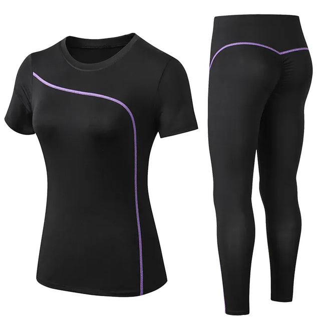 EcoWarra PURPLE / M Yoga Set Quick Dry 2 Piece Female Short-sleeved long Pants Outdoor Sportswear Fitness suit Plus Size Sport outfit for woman