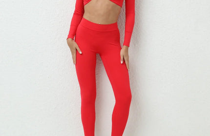 EcoWarra Red / L Seamless Yoga Sets Sports Fitness High Waist Hip-lifting Trousers Nude Feel Long-Sleeved Suit Workout Gym Leggings Set for Women