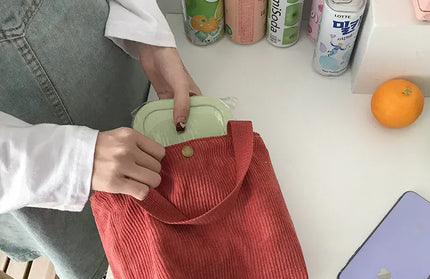EcoWarra Red Small Corduroy Lunch Bag For Women 2024 Eco Canvas Portable Tote Bags Mini Female Students Bento Picnic Food Bag Travel Handbags