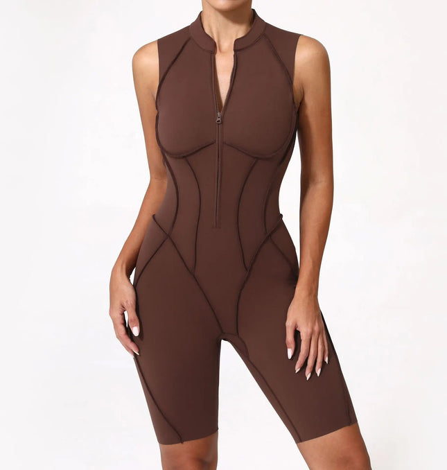 EcoWarra Seamless Yoga Jumpsuits Sports Fitness Zipper Hip-lifting Short-sleeved Backless Dance Workout Gym Shorts Bodysuits for Women