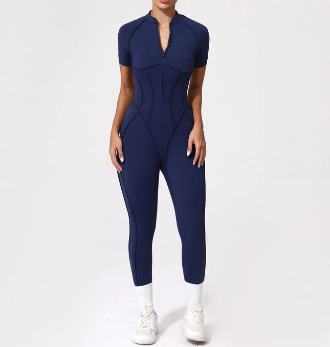 EcoWarra Seamless Yoga Jumpsuits Sports Fitness Zipper Hip-lifting Short-sleeved Backless Dance Workout Gym Shorts Bodysuits for Women
