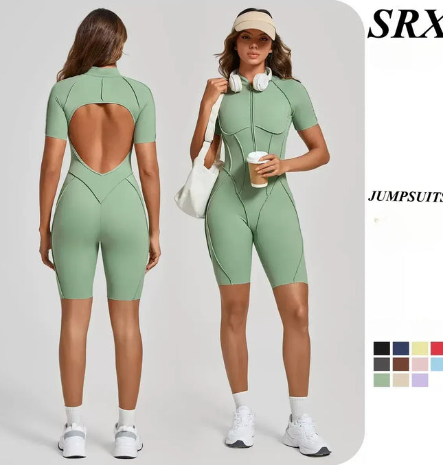 EcoWarra Seamless Yoga Jumpsuits Sports Fitness Zipper Hip-lifting Short-sleeved Backless Dance Workout Gym Shorts Bodysuits for Women