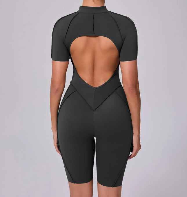 EcoWarra Seamless Yoga Jumpsuits Sports Fitness Zipper Hip-lifting Short-sleeved Backless Dance Workout Gym Shorts Bodysuits for Women