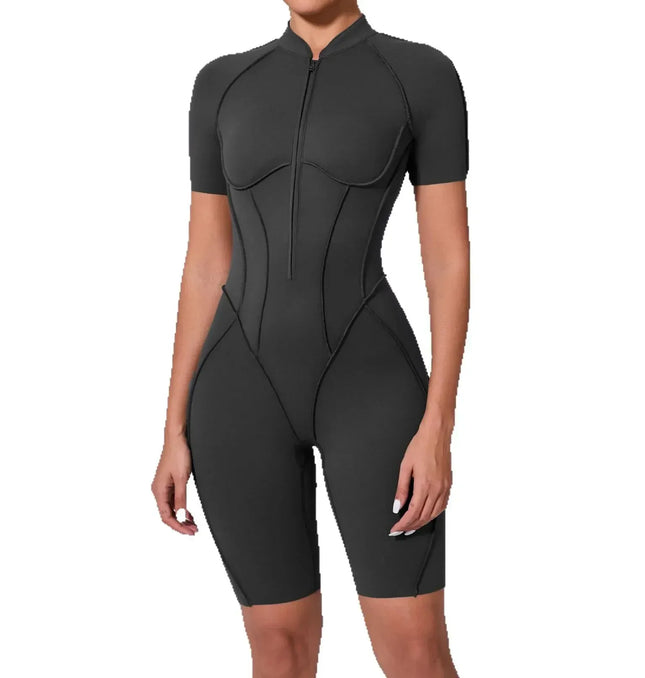 EcoWarra Seamless Yoga Jumpsuits Sports Fitness Zipper Hip-lifting Short-sleeved Backless Dance Workout Gym Shorts Bodysuits for Women