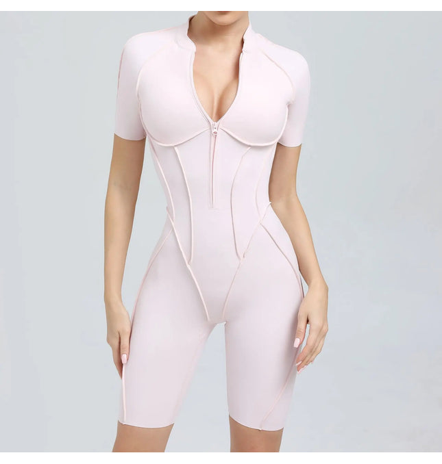 EcoWarra Seamless Yoga Jumpsuits Sports Fitness Zipper Hip-lifting Short-sleeved Backless Dance Workout Gym Shorts Bodysuits for Women