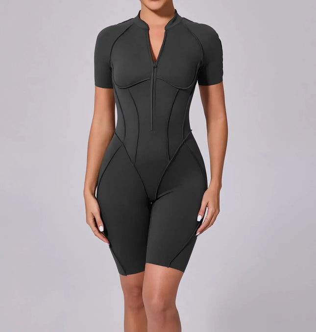 EcoWarra Seamless Yoga Jumpsuits Sports Fitness Zipper Hip-lifting Short-sleeved Backless Dance Workout Gym Shorts Bodysuits for Women
