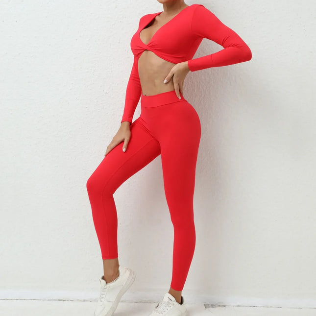 EcoWarra Seamless Yoga Sets Sports Fitness High Waist Hip-lifting Trousers Nude Feel Long-Sleeved Suit Workout Gym Leggings Set for Women