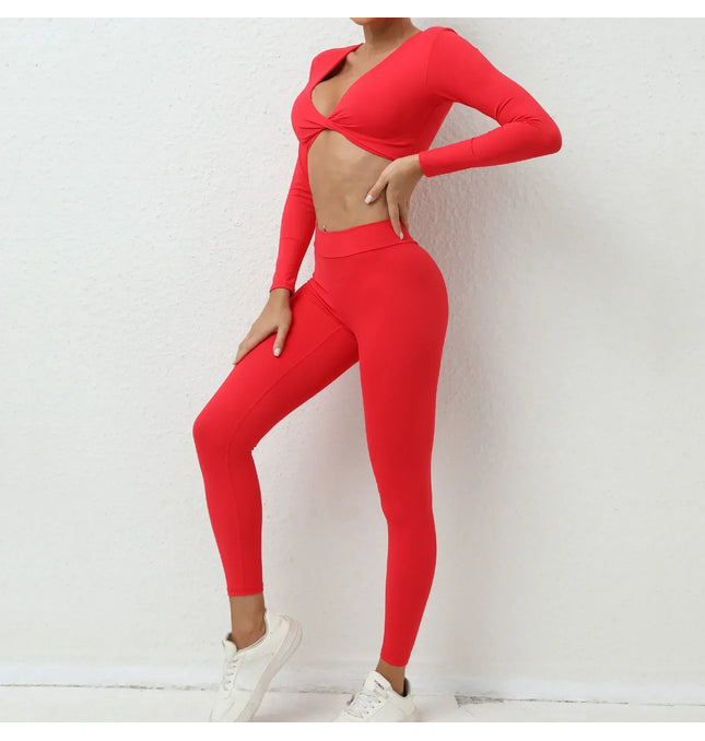 EcoWarra Seamless Yoga Sets Sports Fitness High Waist Hip-lifting Trousers Nude Feel Long-Sleeved Suit Workout Gym Leggings Set for Women