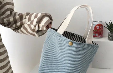 EcoWarra Sky blue Small Corduroy Lunch Bag For Women 2024 Eco Canvas Portable Tote Bags Mini Female Students Bento Picnic Food Bag Travel Handbags
