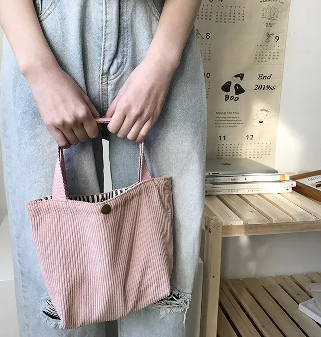EcoWarra Small Corduroy Lunch Bag For Women 2024 Eco Canvas Portable Tote Bags Mini Female Students Bento Picnic Food Bag Travel Handbags