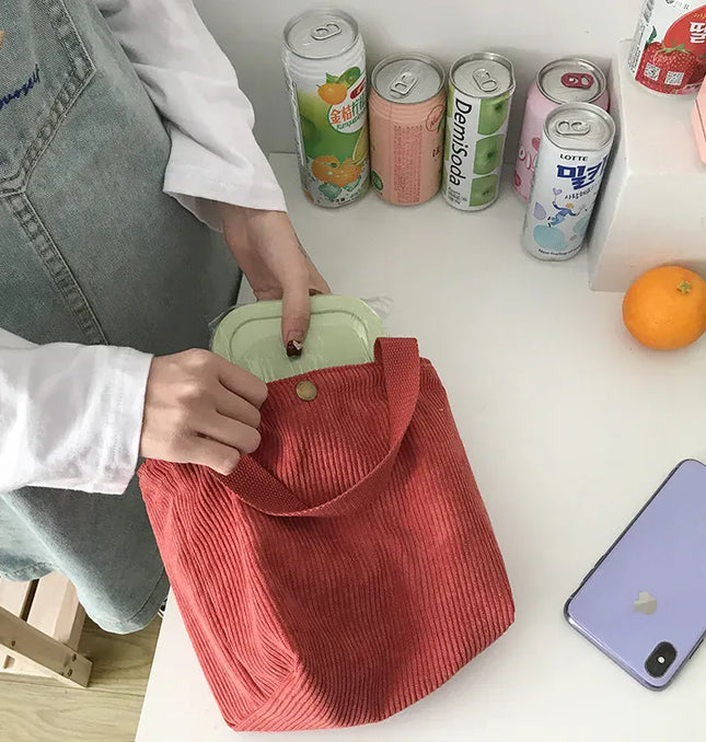 EcoWarra Small Corduroy Lunch Bag For Women 2024 Eco Canvas Portable Tote Bags Mini Female Students Bento Picnic Food Bag Travel Handbags