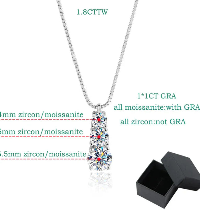 EcoWarra Smyoue 1.8CT Moissanite Pendant for Women Men Sparkling Diamond Necklace 3 Stones Solid Silver 925 Jewellery Luxury Quality GRA