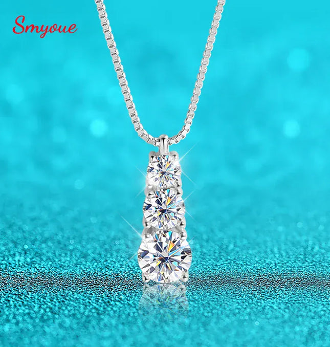 EcoWarra Smyoue 1.8CT Moissanite Pendant for Women Men Sparkling Diamond Necklace 3 Stones Solid Silver 925 Jewellery Luxury Quality GRA