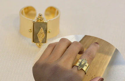EcoWarra Style 2 Grey / Resizable Wild&Free Stainless Steel Gold Plated Wide Rings For Women Big Natural Stone Finger Ring Vintage Jewelry Best Gift