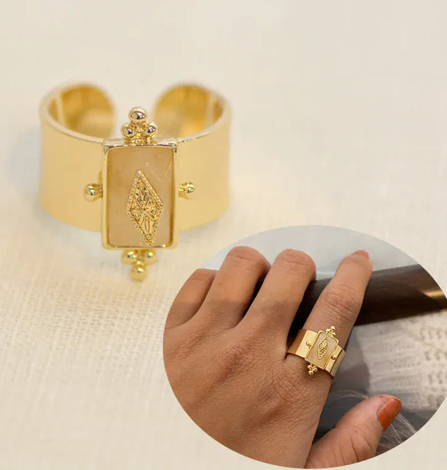 EcoWarra Style 2 White / Resizable Wild&Free Stainless Steel Gold Plated Wide Rings For Women Big Natural Stone Finger Ring Vintage Jewelry Best Gift