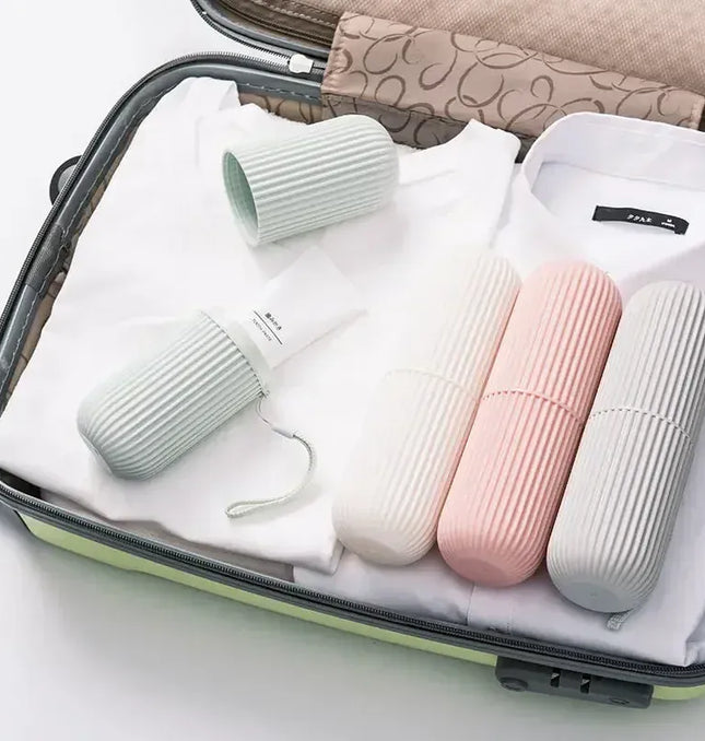 EcoWarra Travel Toothbrush Cup Box Round Plastic Portable Toothpaste Holder Home Organizer Storage Case Stand Bathroom Accessories
