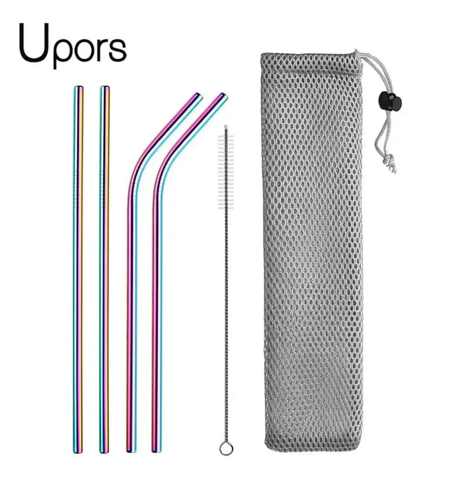 EcoWarra UPORS Reusable Drinking Straw 304 Stainless Steel Straws Straight Bent Metal Straw with Cleaner Brush Pouch Wholesale