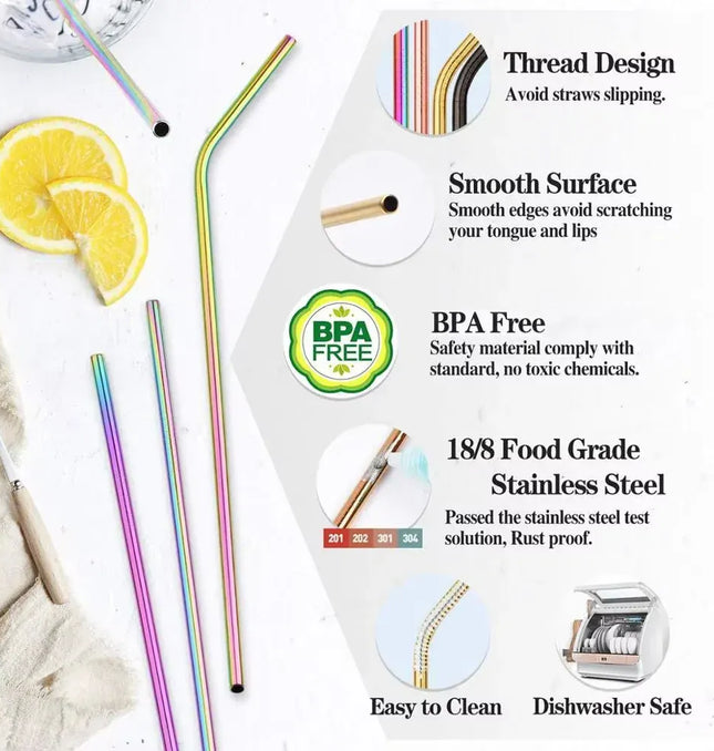 EcoWarra UPORS Reusable Drinking Straw 304 Stainless Steel Straws Straight Bent Metal Straw with Cleaner Brush Pouch Wholesale