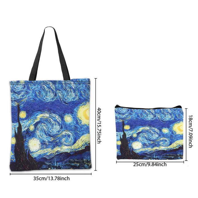 EcoWarra Van Gogh Series Tote Bag Cosmetic Pouch Oil Painting Starry Night Sunflower Travel Handbag Practical Combination Shopping Bags