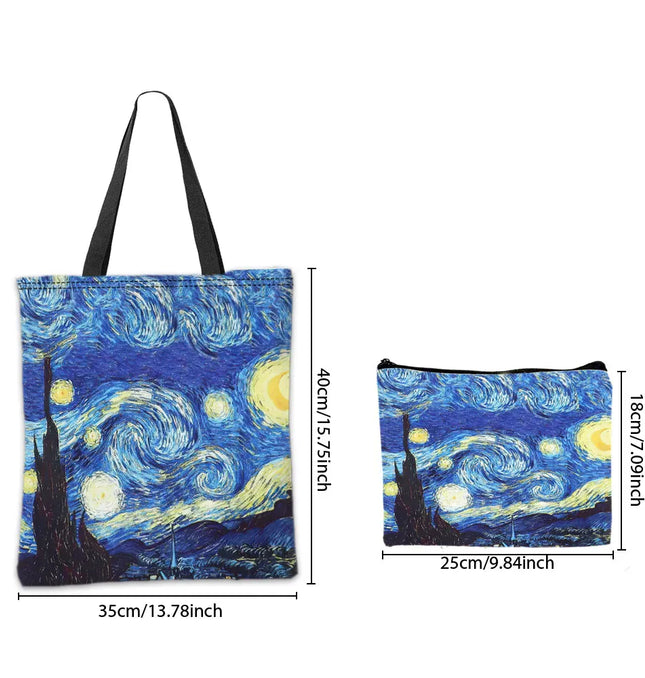 EcoWarra Van Gogh Series Tote Bag Cosmetic Pouch Oil Painting Starry Night Sunflower Travel Handbag Practical Combination Shopping Bags