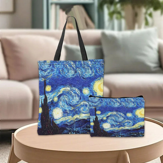 EcoWarra Van Gogh Series Tote Bag Cosmetic Pouch Oil Painting Starry Night Sunflower Travel Handbag Practical Combination Shopping Bags