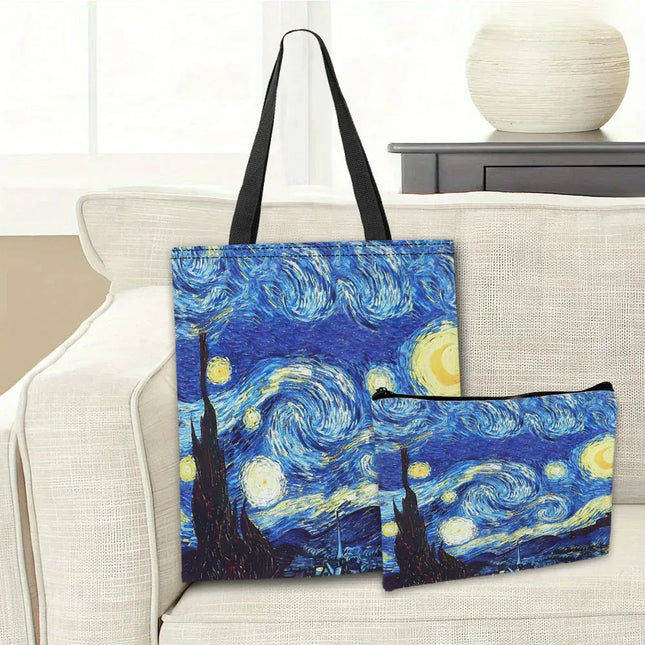 EcoWarra Van Gogh Series Tote Bag Cosmetic Pouch Oil Painting Starry Night Sunflower Travel Handbag Practical Combination Shopping Bags