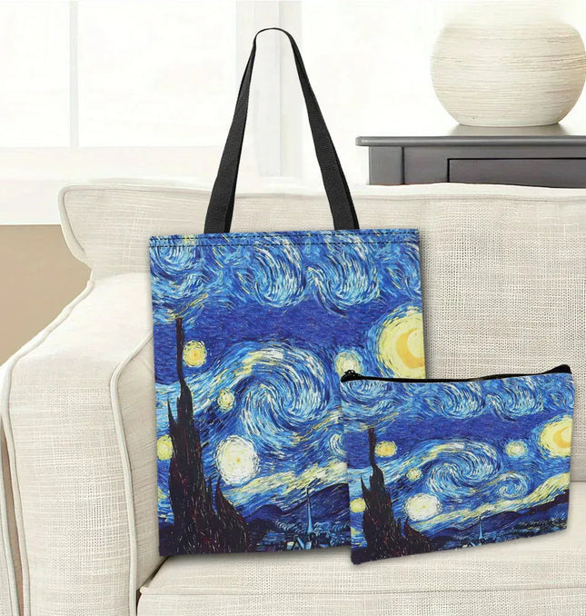 EcoWarra Van Gogh Series Tote Bag Cosmetic Pouch Oil Painting Starry Night Sunflower Travel Handbag Practical Combination Shopping Bags