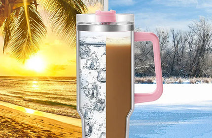 EcoWarra Variant 40oz Tumbler with Handle and Straw, Pink Insulated Travel Mug Iced Coffee Cup, Reusable Stainless Steel Insulated Water Bottle
