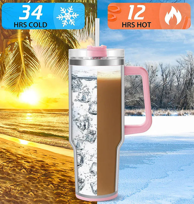 EcoWarra Variant 40oz Tumbler with Handle and Straw, Pink Insulated Travel Mug Iced Coffee Cup, Reusable Stainless Steel Insulated Water Bottle